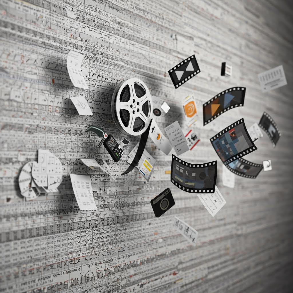 벽 가득한 데이터 위로 필름 조각과 문서가 흩날리는 장면은 루믹스 솔루션이 운영하는 정보 흐름을 은유하는 모습