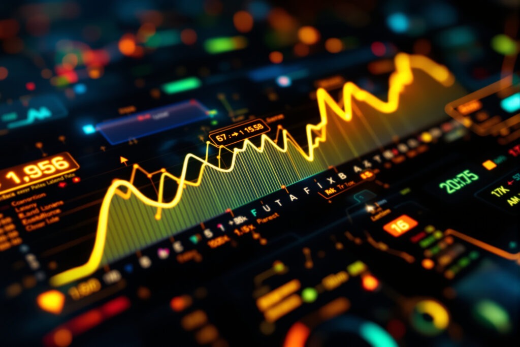 리소스 할당 우선순위 모니터링 – 주황색·빨간색 파형 그래프, 8:50 타이머, 부하 분산 지표가 표시된 미래형 홀로그램 대시보드 