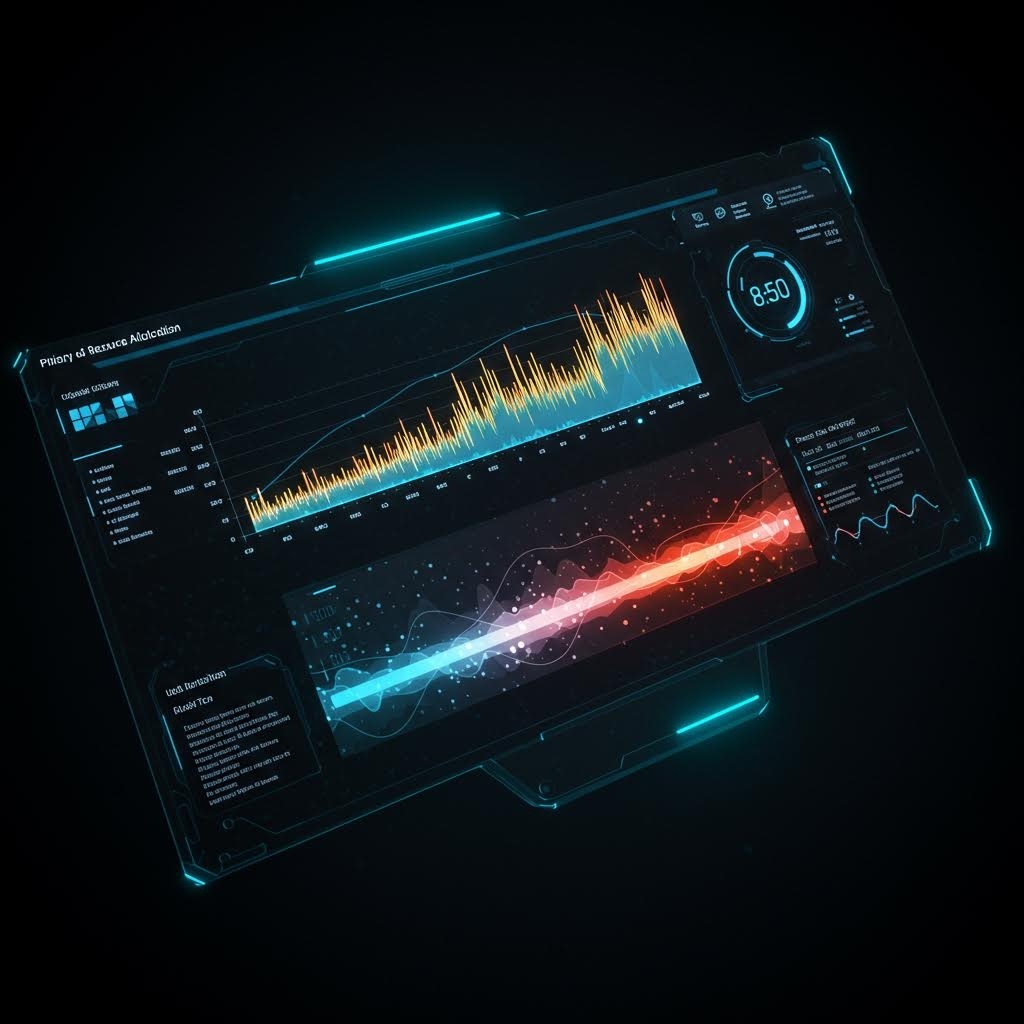 서버-클라이언트 데이터 전송 시스템 – 녹색 발광 데이터 경로로 연결된 서버 랙과 여러 클라이언트 터미널이 구성된 네트워크 인프라