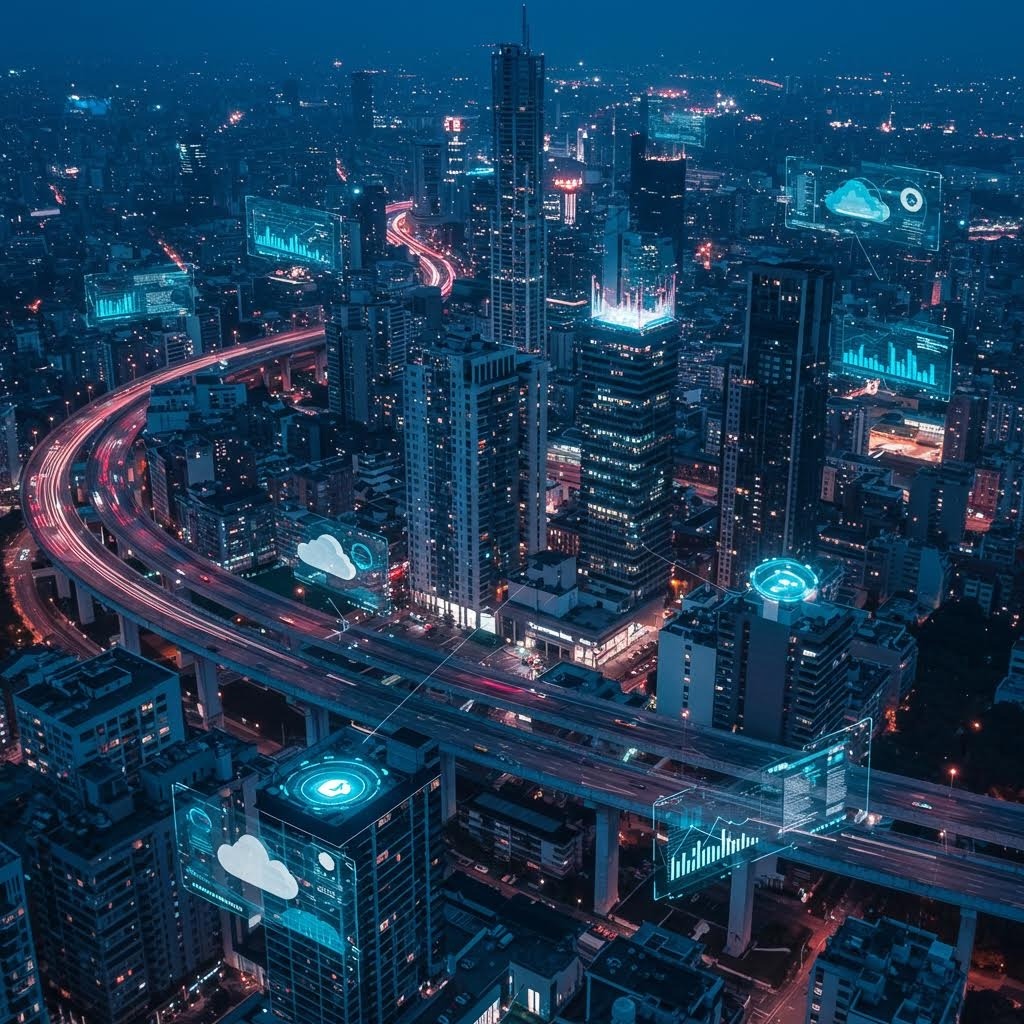 푸른 야경 속 빌딩 위로 데이터 창이 떠오르며 루믹스의 클라우드 네트워크가 도시에 퍼지는 장면