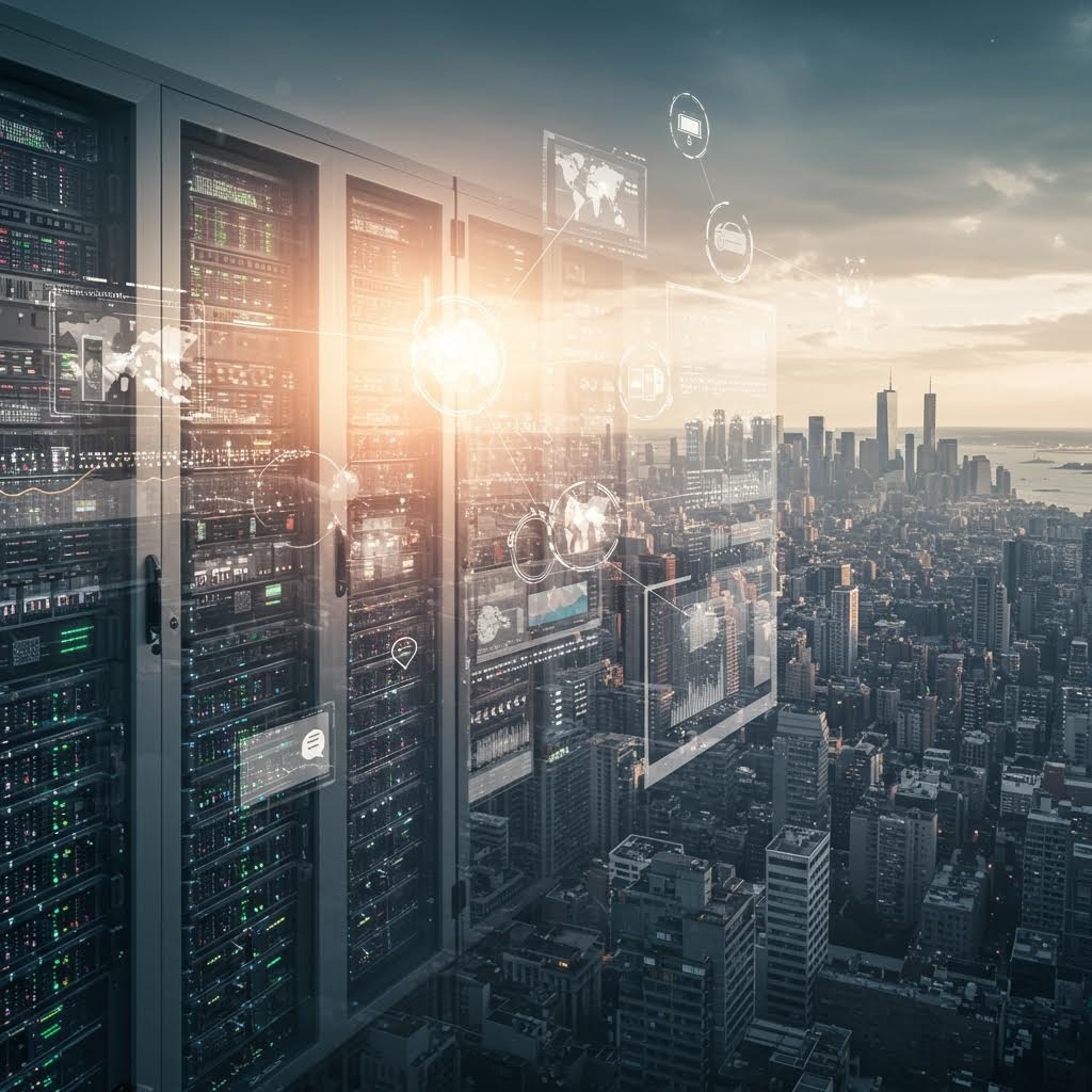 도시 스카이라인을 내려다보는 서버 랙과 글로벌 데이터 연결 및 분석 인터페이스 오버레이가 있는 데이터 센터