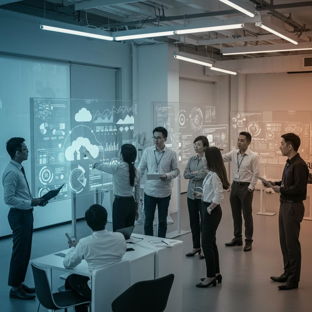 클라우드 컴퓨팅 및 데이터 분석 인터페이스가 표시된 투명한 유리 패널 앞에서 협업하는 비즈니스 전문가 팀