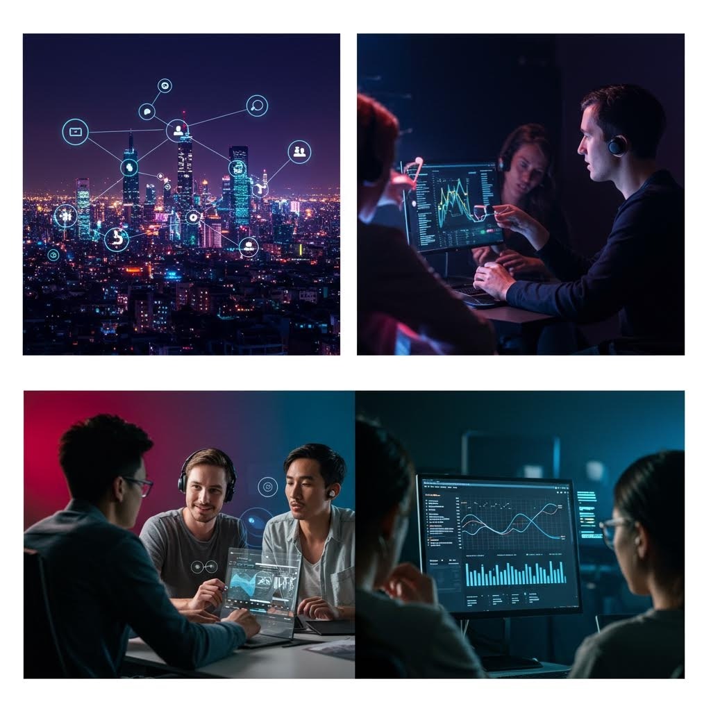 네 가지 장면: 연결된 도시 네트워크, 데이터를 분석하는 두 명의 분석가, 홀로그래픽 인터페이스로 협업하는 팀, 대시보드를 검토하는 회의