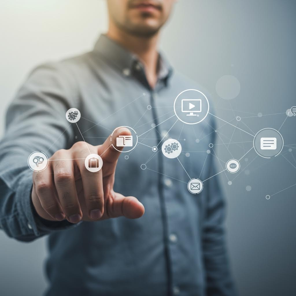 비디오, 프레젠테이션, 이메일 및 설정을 포함한 연결된 디지털 서비스 아이콘 네트워크와 상호 작용하는 비즈니스맨