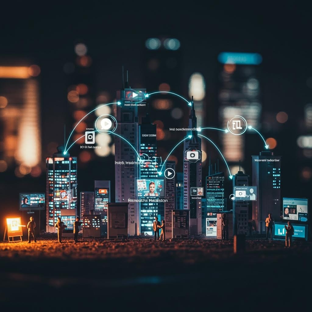 미니어처 사람들과 디지털 정보 패널로 둘러싸인 야경 도시 건물의 창의적인 개념 이미지