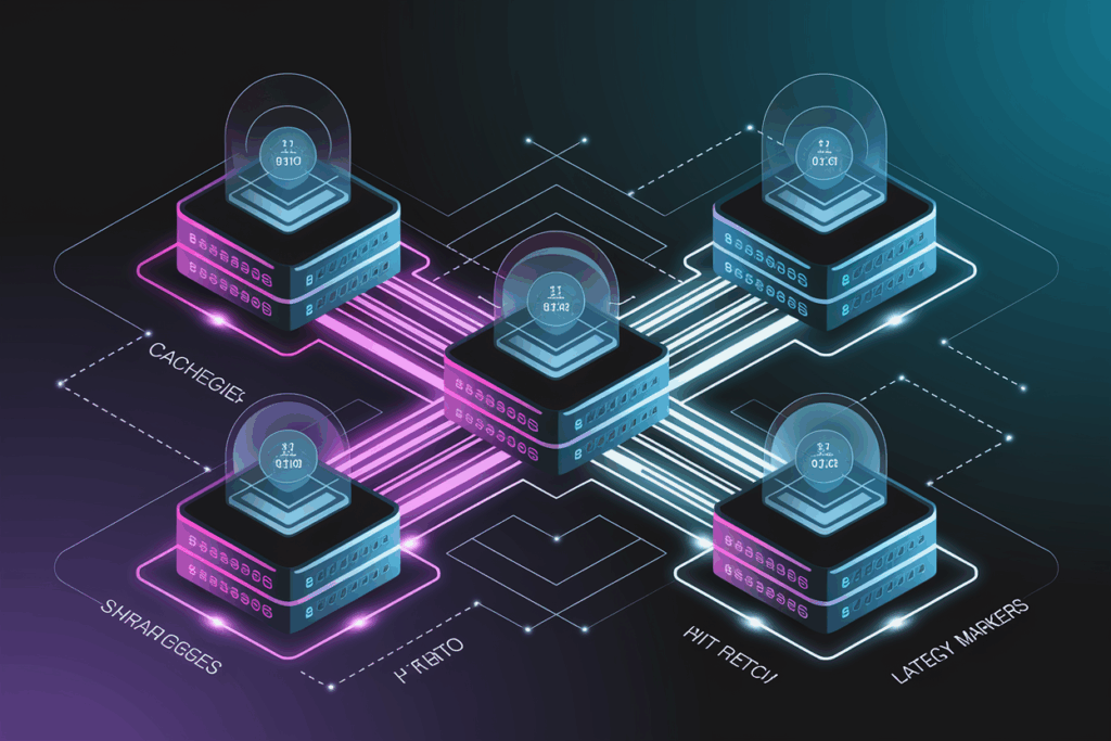 분산 캐시 서버 아키텍처 – 캐시 지연 마커, 히트 비율, 샤드 전략이 표시된 여러 서버 노드가 분홍색과 흰색 데이터 스트림으로 연결된 네트워크 구조
