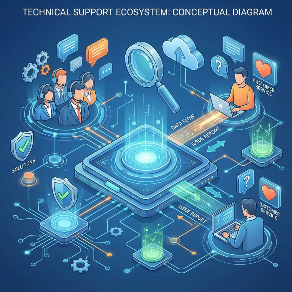 화면을 사이에 두고 기술 지원팀이 고객을 돕는 모습을 아이콘과 선으로 표현한 개념도입니다.