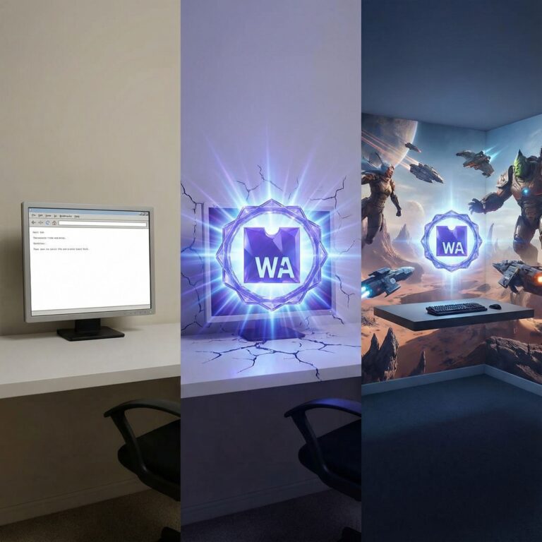 빛나는 웹어셈블리 로고가 떠오르며 단순한 브라우저 창이 복잡한 고성능 3D 게임 세계로 변모하는 모습이다.