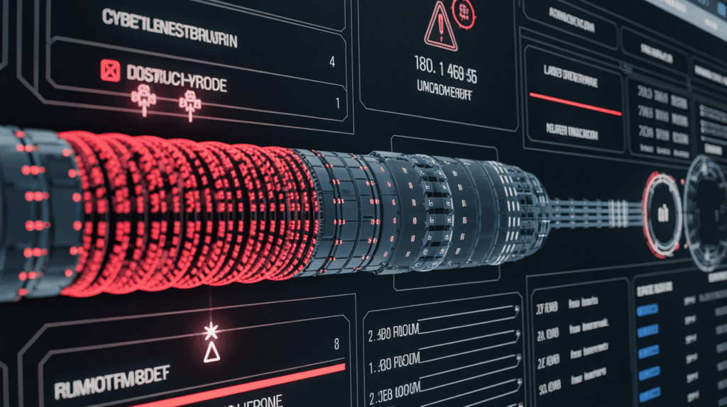 사이버 위협 탐지 시스템 – 빨간 경고 표시와 IP 주소가 나타난 원통형 암호화 모듈 및 네트워크 트랜잭션 모니터링 대시보드