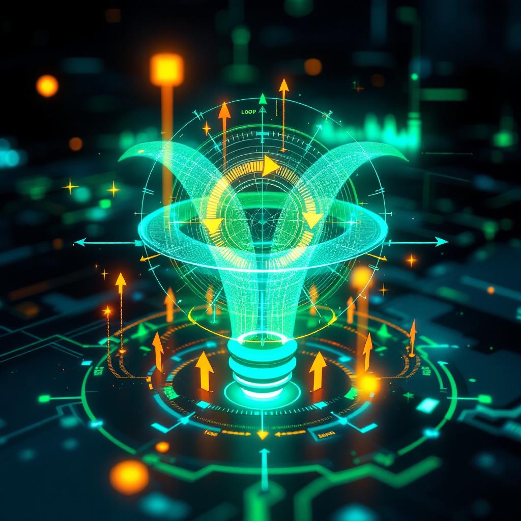 글로벌 데이터 허브 – 회로 기판 위에서 빛나는 와이어프레임 지구본이 홀로그램으로 투영되고, 청록색과 주황색 조명이 강조된 중앙 데이터 처리 센터