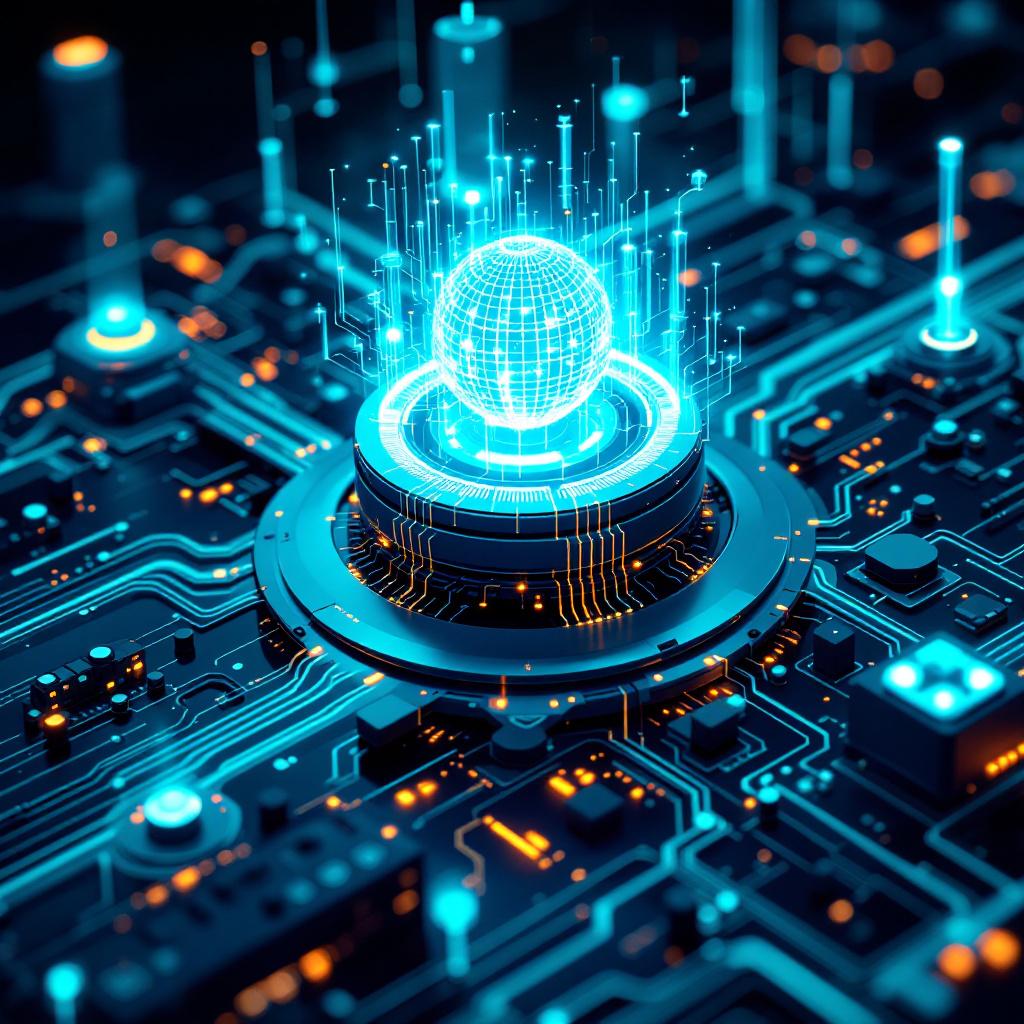 글로벌 데이터 허브 - 회로 기판 위에 빛나는 와이어프레임 지구본이 홀로그램으로 투영되고 청록색과 주황색 조명이 있는 중앙 데이터 처리 센터