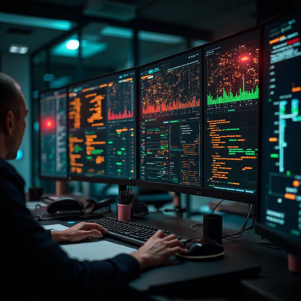 클라우드 컴퓨팅 인프라 – 중앙 CPU 칩을 중심으로 서버, 노트북, 모바일 기기, 홀로그램 디스플레이가 연결된 통합 IT 시스템 아키텍처