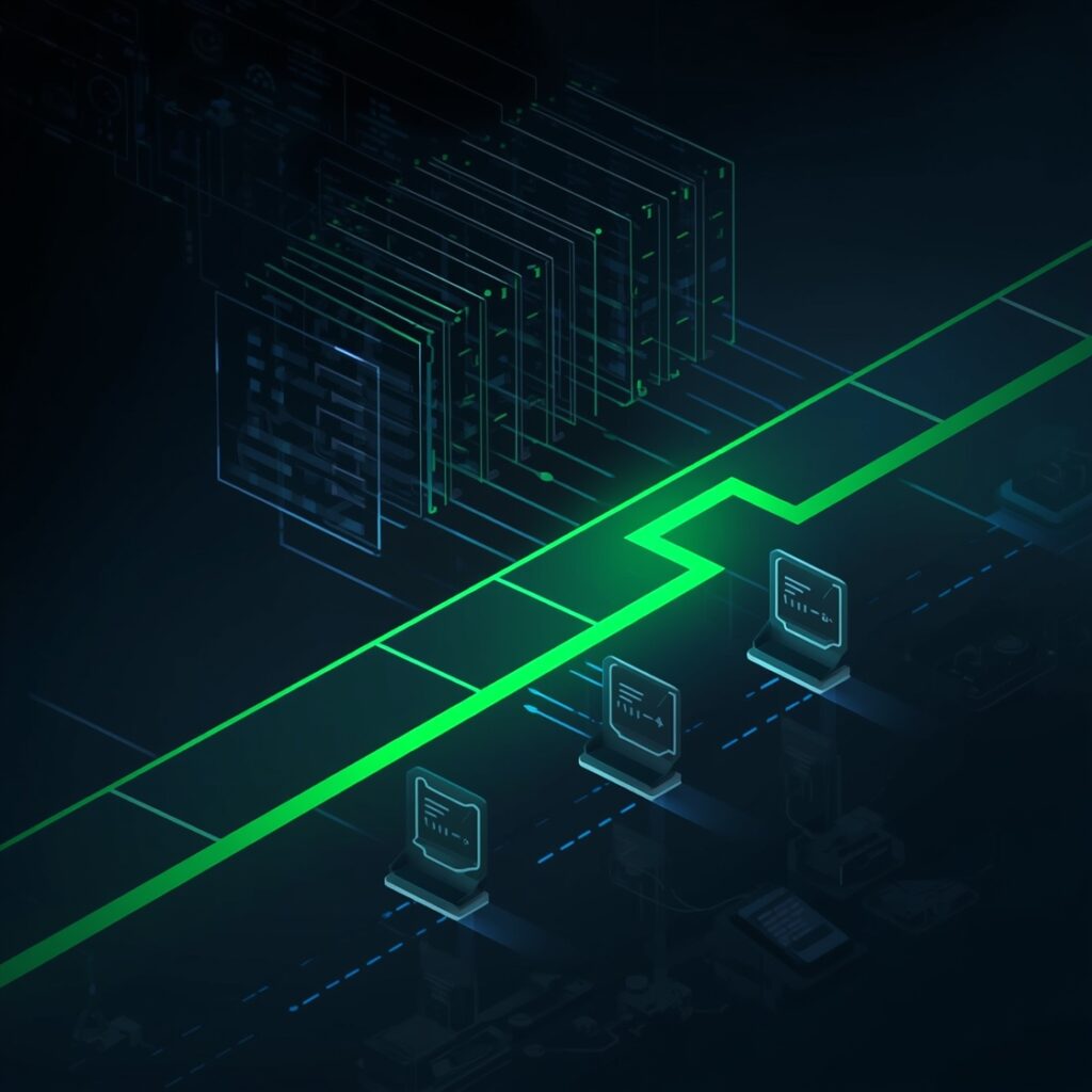 네트워크 운영 센터 – 다중 모니터에 코드, 그래프, 네트워크 맵이 표시되고 전문가가 실시간으로 분석하는 시스템 모니터링 환경