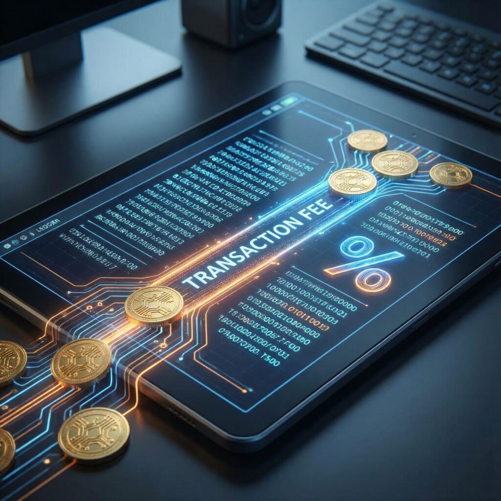 디지털 장부에 푸른빛 수수료 기호가 빛나고 코인이 흘러들어가는 가까운 모습이다.