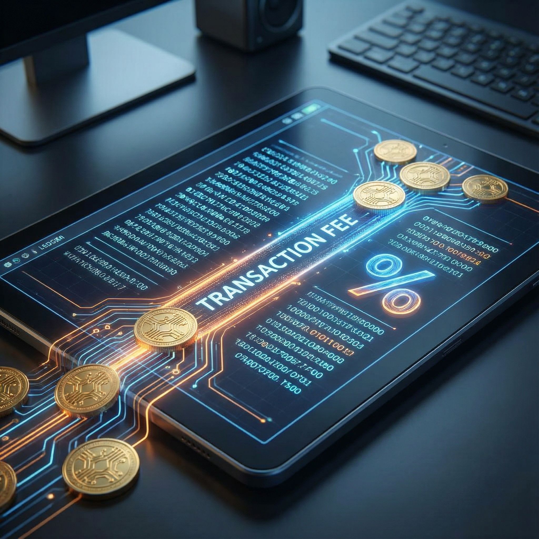 디지털 장부에 푸른빛 수수료 기호가 빛나고 코인이 흘러들어가는 가까운 모습이다.